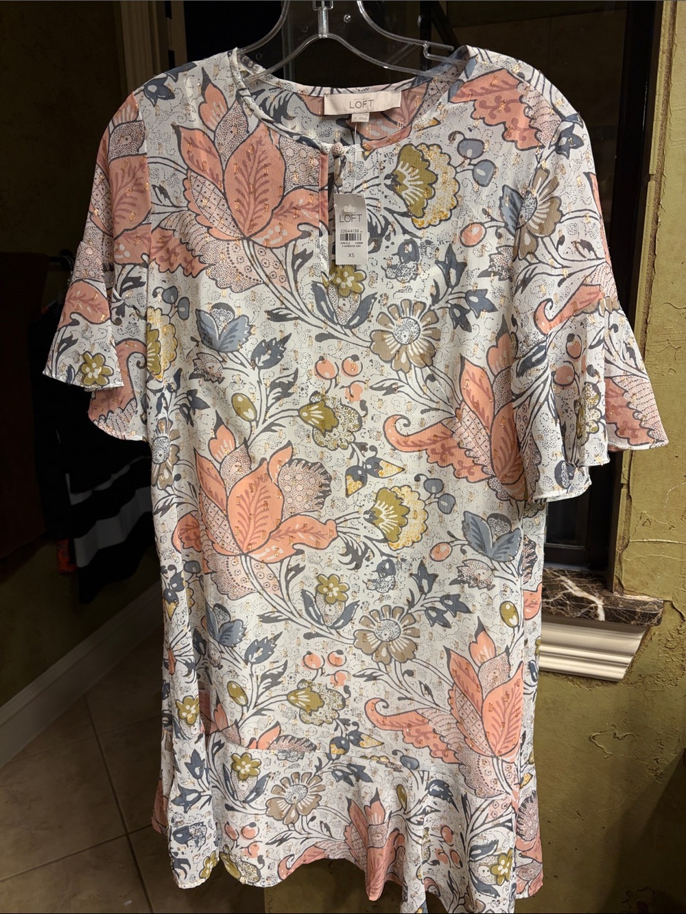 LOFT Peach, Gray & Olive Floral Short Sleeve Shirt Dress